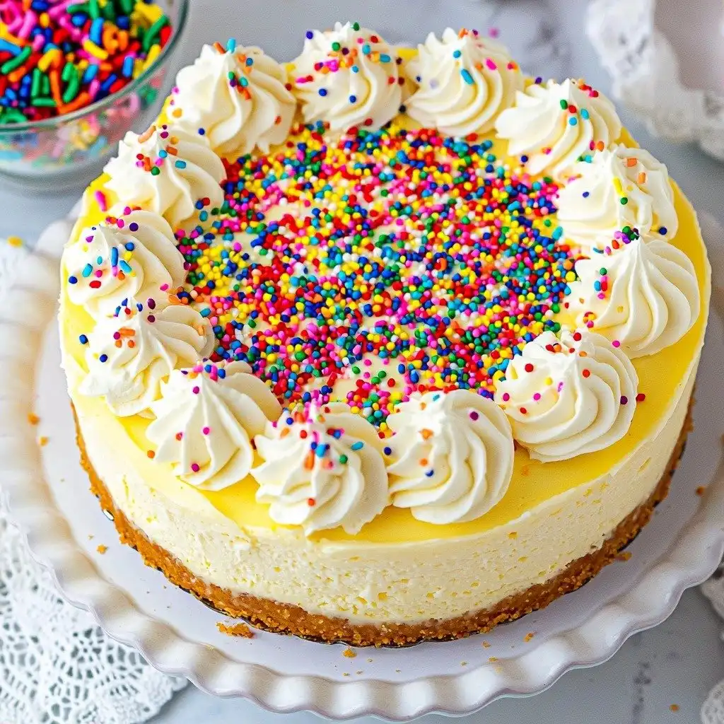 Funfetti Cheesecake with Creamy Vanilla Filling and Colorful Sprinkles